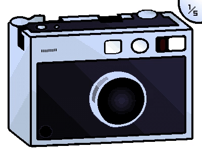 An five steps animation showing how to use a fujifilm instax mini evo. The camera is drawn in pixel art.