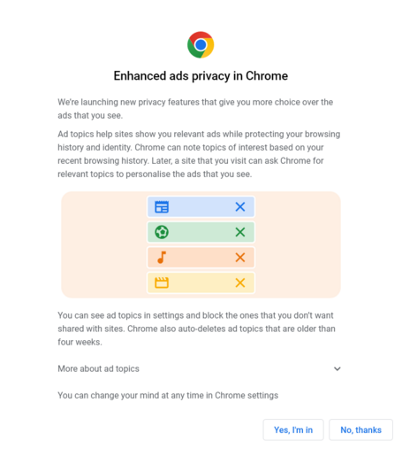 "Enhanced ads privacy" accept/decline dialog in Chrome that appears upon restart with the latest update.