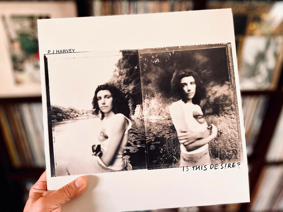 Hand holding a vinyl record (PJ Harvey's Is This Desire?) In front of a background of record shelves