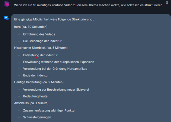 "Wenn ich ein 10 minütiges Youtube Video zu diesem Thema machen wollte, wie sollte ich es strukturieren" gefolgt von einer von Open Assistant generierten Struktur, die ich gerne in weiteren Toots beschreibe, wenn Interesse besteht. 