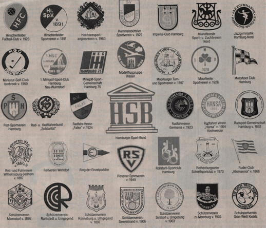 Mehrere Reihen mit Wappen  Hamburger Sportvereine. In der Mitte das Logo des HSB (Hamburger Sportbund).