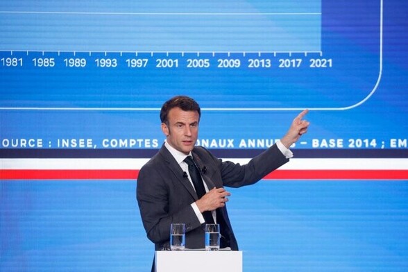 Emmanuel Macron lors de la réunion « Accélérer notre réindustrialisation » à l'Elysée, le 11 mai 2023. © Photo Yoan Valat / pool / AFP