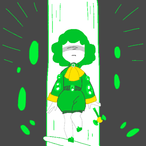 A digital drawing. Dark grey background. In the center of the image, a vertical beam of white light bordered in bright green. In front of it, a chibi girl dressed in green with some yellow accents and green jewels on her clothes. She has green hair and a grey blindfold hiding her eyes. A green and yellow hammer floats under her left hand. There are green lines directing the attention toward the central part of the pic, and green bubbles/portals around the light beam.
