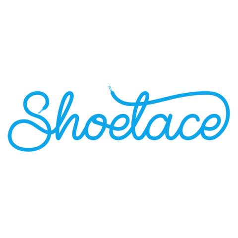 Shoelace logo. Handwritten like text made of a blue shoelace.