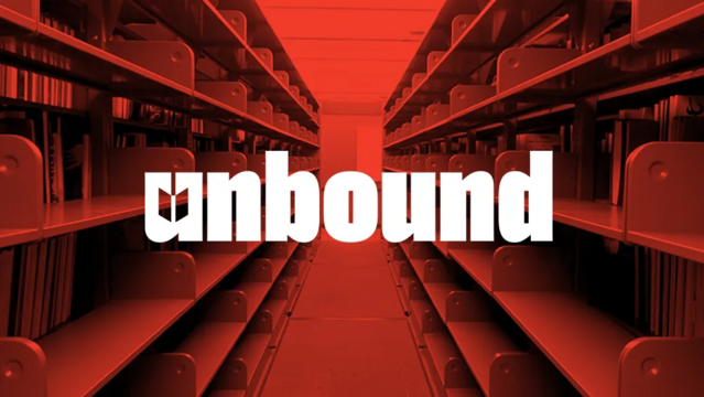 White text "unbound" with a open book icon  in the center of the U, as a negative space. As background, a monochrome red image of a library row.