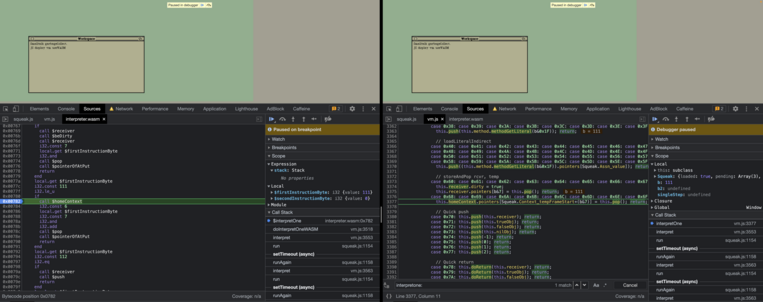 side-by-side view of WebAssembly and Javascript debuggers in SqueakJS code