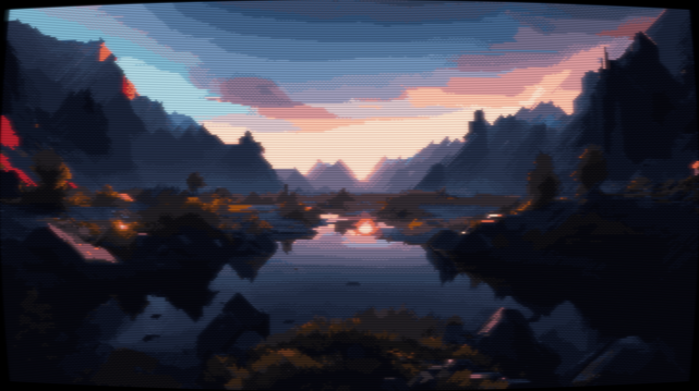 Pixel art of a picturesque river winding through a lush valley, illuminated only by the faint glow of the night sky. The vibrant shades of green of the surrounding foliage create a stark contrast to the inky darkness of the night, giving the scene an otherworldly feel. The starry sky overhead is a striking sight, with a myriad of twinkling lights that seem to dance and sway in the gentle night breeze. The river's gentle flow adds a calming rhythm to the scene. The image has a CRT filter applied.