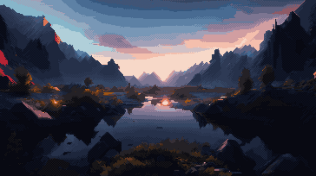 Pixel art of a picturesque river winding through a lush valley, illuminated only by the faint glow of the night sky. The vibrant shades of green of the surrounding foliage create a stark contrast to the inky darkness of the night, giving the scene an otherworldly feel. The starry sky overhead is a striking sight, with a myriad of twinkling lights that seem to dance and sway in the gentle night breeze. The river's gentle flow adds a calming rhythm to the scene. 