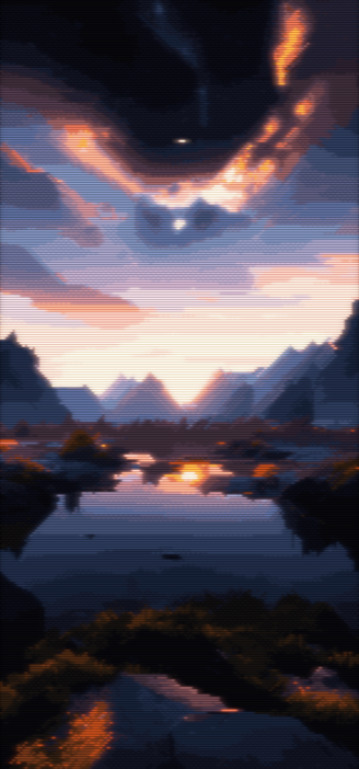 Phone wallpaper version of a pixel art of a picturesque river winding through a lush valley, illuminated only by the faint glow of the night sky. The vibrant shades of green of the surrounding foliage create a stark contrast to the inky darkness of the night, giving the scene an otherworldly feel. The starry sky overhead is a striking sight, with a myriad of twinkling lights that seem to dance and sway in the gentle night breeze. The river's gentle flow adds a calming rhythm to the scene. The image has a CRT filter applied.