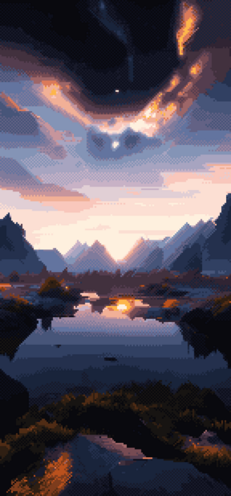 Phone wallpaper version of a pixel art of a picturesque river winding through a lush valley, illuminated only by the faint glow of the night sky. The vibrant shades of green of the surrounding foliage create a stark contrast to the inky darkness of the night, giving the scene an otherworldly feel. The starry sky overhead is a striking sight, with a myriad of twinkling lights that seem to dance and sway in the gentle night breeze. The river's gentle flow adds a calming rhythm to the scene. 