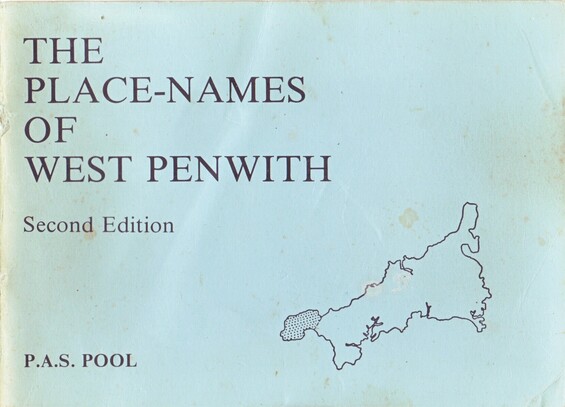 The front cover of 'The Place-Names of West Penwith' by Peter Pool. Plain pale blue with title and an outline map of Cornwall.