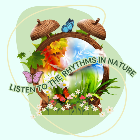 The painting depicts a wooden alarm clock with a design on its face. The clock face is divided into four sections, each representing: Spring is by colorful flowers and butterflies, summer by lush green grass, fall by warm-toned leaves, and winter by delicate snowflakes. The words "Listen to the Rhythms of Nature" are artistically painted across the clock face, tying the seasonal elements together with a poetic message. Shop Willow Forest Gardens Whimsical designs. 