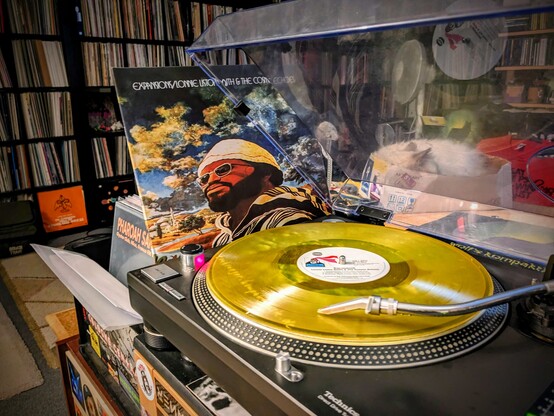 "Lonnie Liston Smith & The Cosmic Echoes - Expansions"
on yellow transparent vinyl playing on the technics. gatefold cover front on the side. cat Emil sleeping in his box behind it. vinyl wall in the background. 