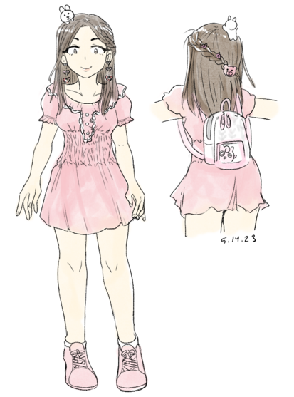 self portrait. dark brown haired girl wearing a light pink dress and pink tennis shoes. a tiny plush rabbit is on the top of her head on her right, a braid that entwines around the back of her head starts from the left. She wears a pair of a dangling chain of hearts earrings. 
Back view: a pink bear hairclip pins the braid to the back of her head. 2 pink flowers are entwined in the brain. A Danielle Nicole Jigglypuff (Pokemon) backpack is hanging low on her back.