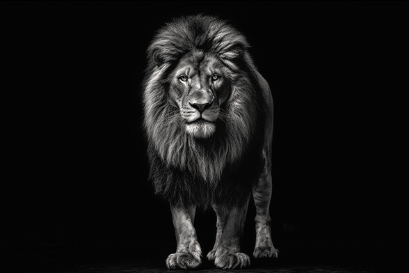 In the picture you can see a majestic lion looking directly into the camera. The huge mane, massive paws and massive body are well visible, so you can understand why the lion is called the king of beasts.