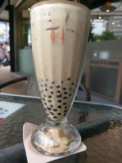 A glass of iced bubble milk tea at Chun Shui Tang teahouse in Taiwan. 