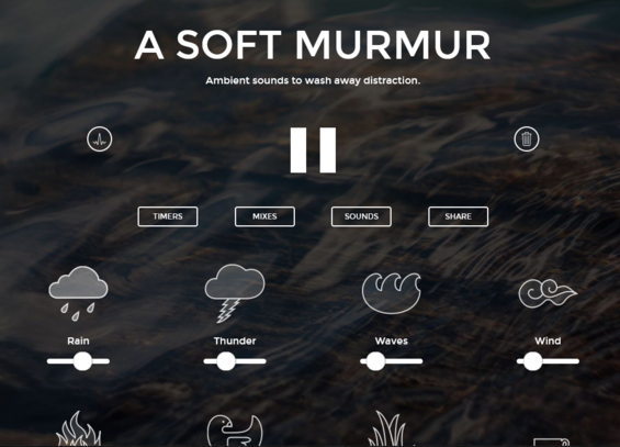 Screenshot of a website titles 'A soft murmur' with the tagline of "Ambient sounds to wash away distraction". Audio from this site is being played, with a mix of rain, thunder, waves, and wind sounds. 