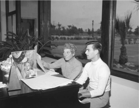 Four pictures of comedian and harpist Harpo Marx and his son composer and pianist Bill Marx in January of 1958. 