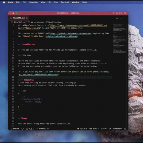 A demonstration of the NERDTree keybindings in VS Code.