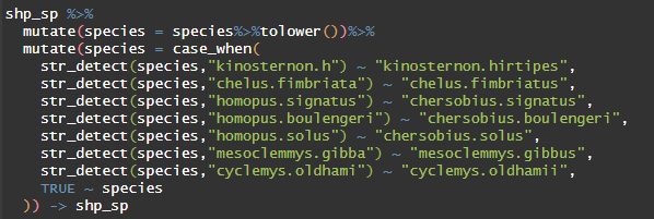 A screenshot of code from Rstudio that is meant to find replace. The code supplied has turtle taxonomy that is being changed to fix typos or updated taxonomy

The Code is as follows: 

shp_sp %>%
  mutate(species = species%>%tolower())%>%
  mutate(species = case_when(
    str_detect(species,"kinosternon.h") ~ "kinosternon.hirtipes",
    str_detect(species,"chelus.fimbriata") ~ "chelus.fimbriatus",
    str_detect(species,"homopus.signatus") ~ "chersobius.signatus",
    str_detect(species,"homopus.boulengeri") ~ "chersobius.boulengeri",
    str_detect(species,"homopus.solus") ~ "chersobius.solus",
    str_detect(species,"mesoclemmys.gibba") ~ "mesoclemmys.gibbus",
    str_detect(species,"cyclemys.oldhami") ~ "cyclemys.oldhamii",
    TRUE ~ species
  )) -> shp_sp
 