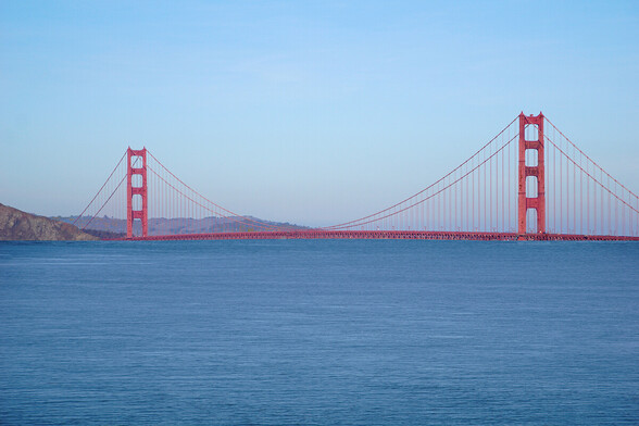 Photoshopped image of the Golden Gate Bridge with the water of the Bay touching the bottom of the span after a 200 foot sea level rise.