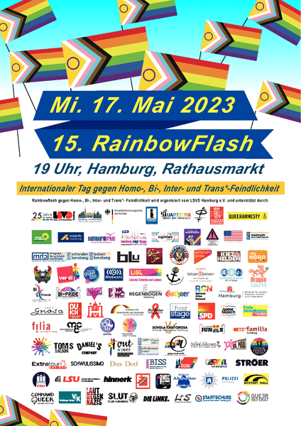 
Logos aller Kooperationspartner, Pride Progress Flagge.