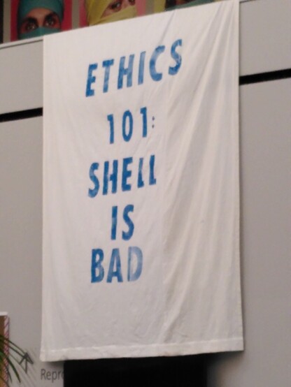 Banner reading 'Ethics 101: Shell is bad' at the student occupation of the University of Amsterdam may 2023