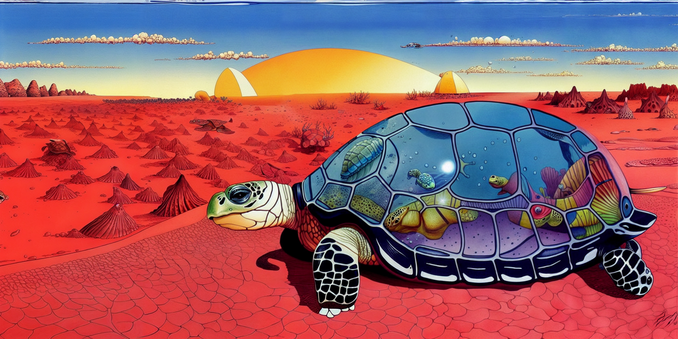 Drawing of a turtle crawling in a red and desolate desert with pointy dunes in the background and a huge sunset. The turtle's shell is transparent and inside you can see an underwater world. 