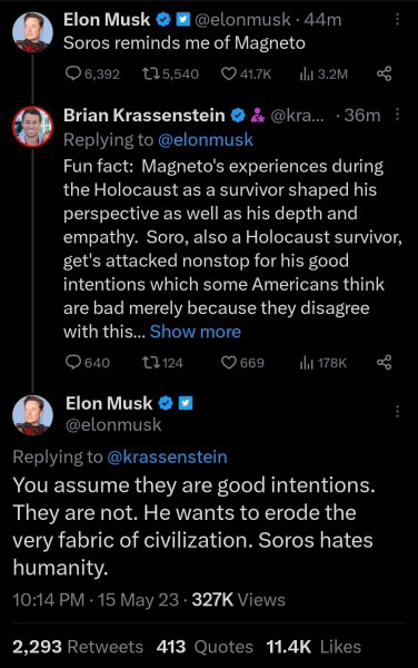 Tweet van Musk waarin hij anti-semitische opmerkingen maakt