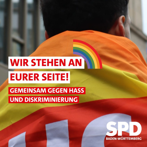 Das Bild zeigt eine Person, welche in einer Regenbogenflagge umhüllt ist. Auf dem Bild steht die Aufschrift: „Wir stehen an eurer Seite. Gemeinsam gegen Hass und Diskriminierung“