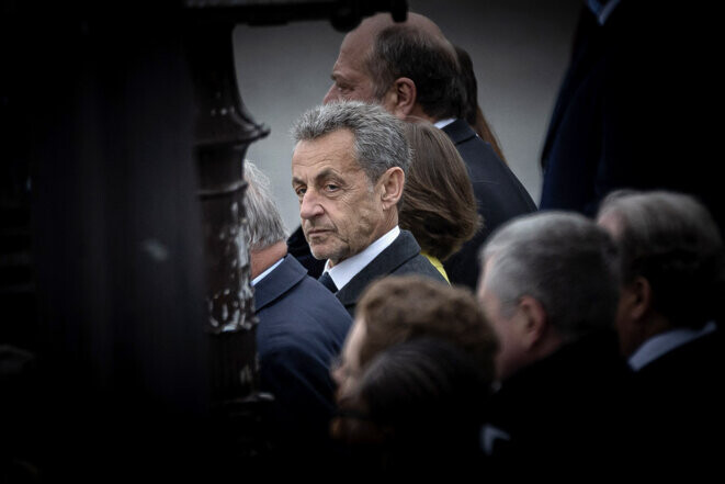 Paris, le 8 mai 2023. Nicolas Sarkozy lors de la cérémonie marquant la fin de la Seconde Guerre mondiale à l'Arc de Triomphe. © Photo Aurélien Morissard / Abaca