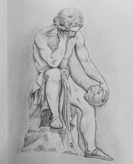 Pencil sketch of a statue of the Greek philosopher Democritus
