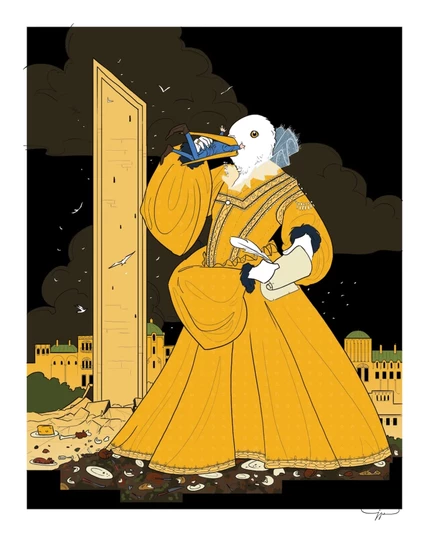 Digital painting by Jared Pechaček, titled 'The Lady of Yellow Tower', from the novel The West Passage, showing the titular three-armed lady in a yellow dress with a frill, shoving a human into the yellow beak that protrudes from her white bird head. She is a giant, standing on a vast garbage dump, with a yellow tower and buildings in the background, and a dark sky above her. Birds wheel around it all.