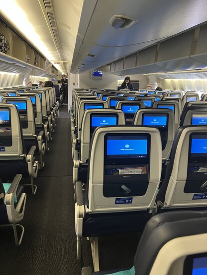 Economy class cabin of United 777-200. 