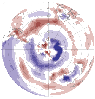A figure showing a polar stereographical map of the Southern Hemisphere with red and blue shaded contours. The distribution of contours is similar to the previous picture. 
