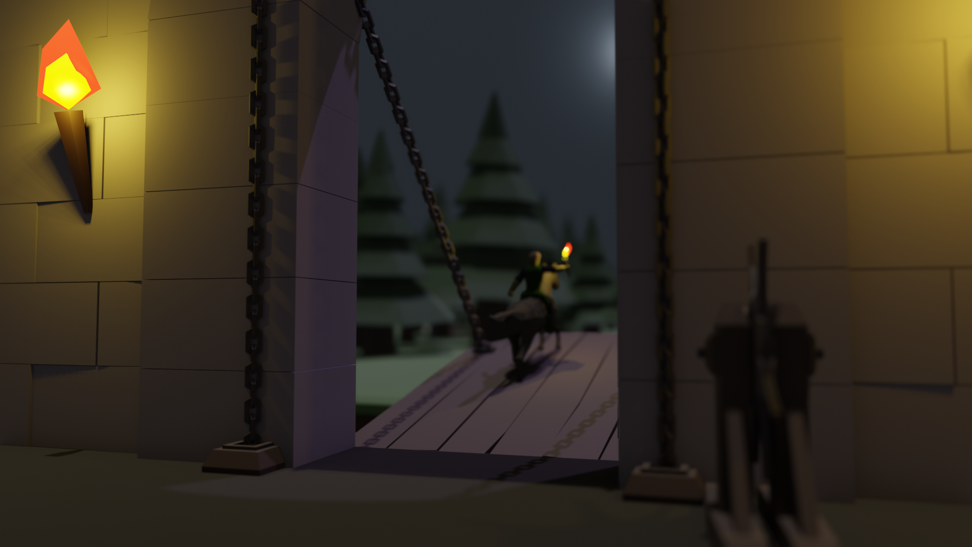 A low poly scene showing a rider leaving a casltle via an almost-lowered drawbridge. In the distance beyond is a low poly forest. In the foreground is a winch mechanism for the drawbridge