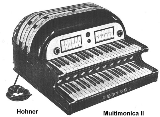 An advertisement for the Hohner Multimonica. It looks like a 1950s kind of art deco, glossy black accordion turned on its side with a piano keyboard flat on the table. And the second keyboard above that. The lower keyboard is a fan powered reed organ. With knobs above it like an accordion. The keyboard above it is a very early commercial analog synthesizer. These were sold in the 1950s.