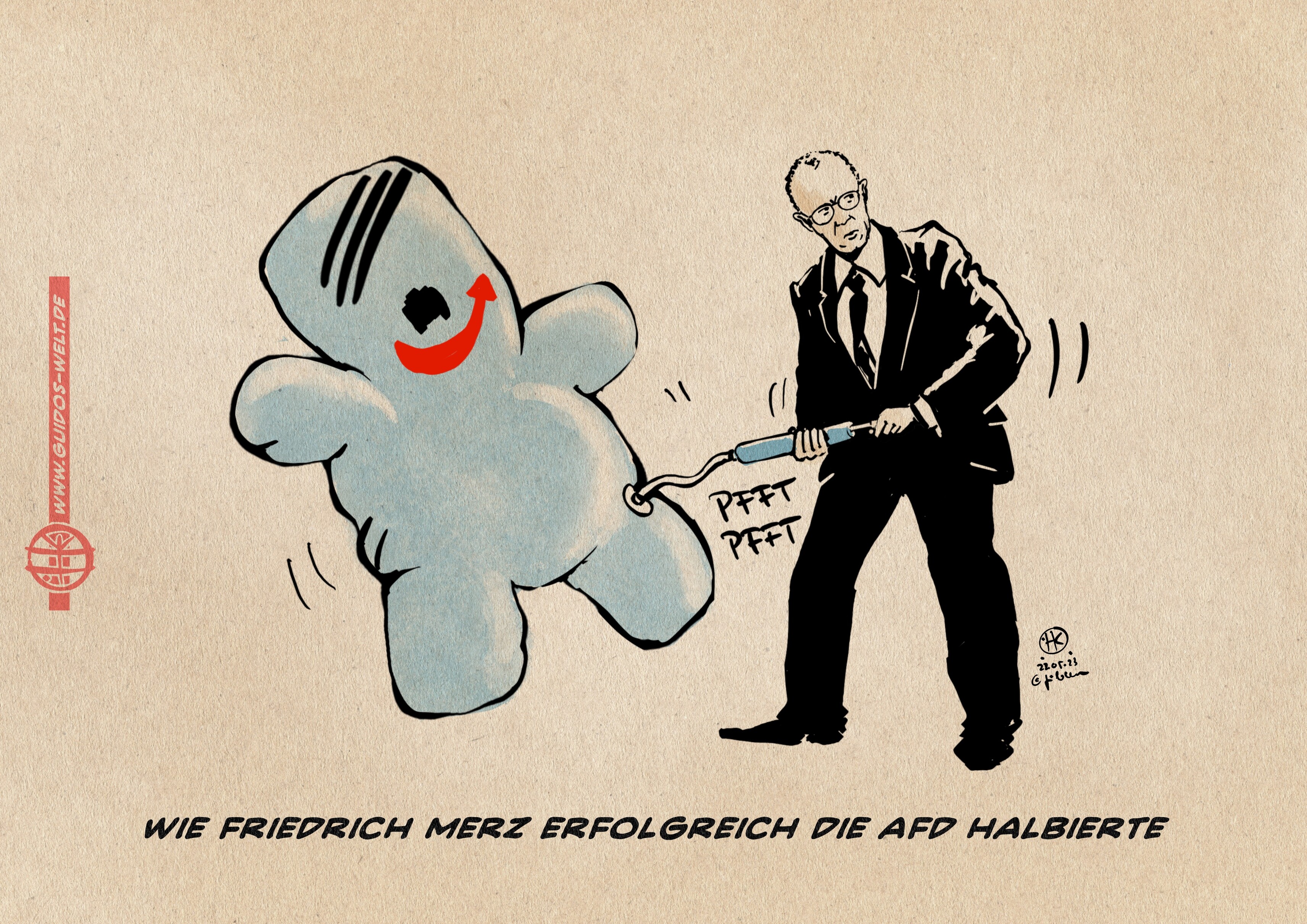 Illustration: Friedrich Merz pumpt eine AFD Ballon-Figur auf. Die Figur ist blau, hat einen seitenscheitel, Gasmaskenbart und den AFD Pfeil als grinsenden Mund. Textzeile: Wie Friedrich Merz erfolgreich die AfD halbierte.