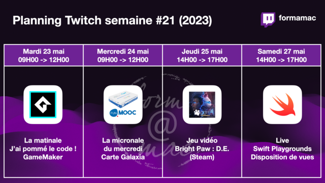 Planning streaming (semaine 21) sur twitch.tv/formamac 🍎