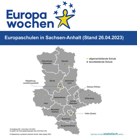 Karte Sachsen-Anhalt-Karte mit farbig markierten Punkten der Europaschulen mit Stand 26.04.2023 anlässlich der Europawochen