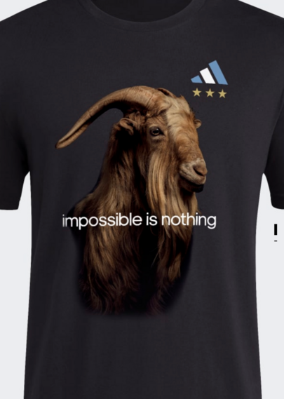 Black t-shirt with a shaggy brown goat with long horns, with the text "impossible is nothing"