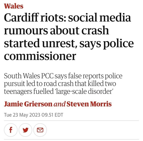 Guardian: South Wales PCC says false report police pursuit Les to road crash that killed two teenages fuelled 'large-scale disorder'
