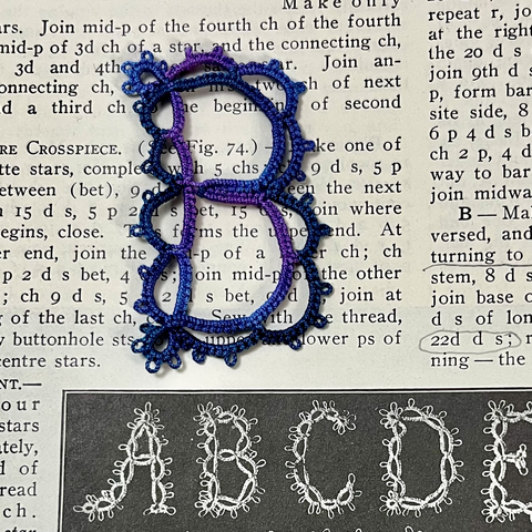 The letter B in tatted lace on a background of vintage pattern writing.