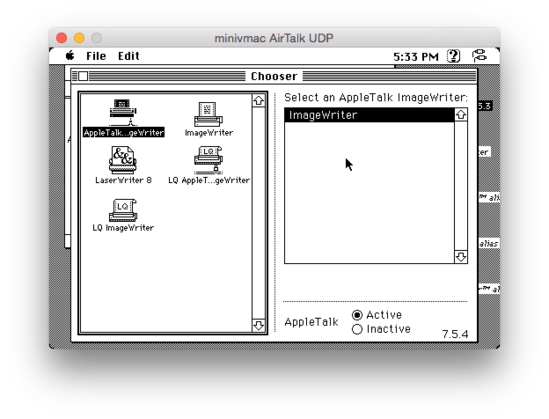 A screenshot of Mini VMac showing the Chooser from System 7.5.3. On the left, AppleTalk ImageWriter II is selected. On the right, the physical ImageWriter connected to the AirTalk is visible.