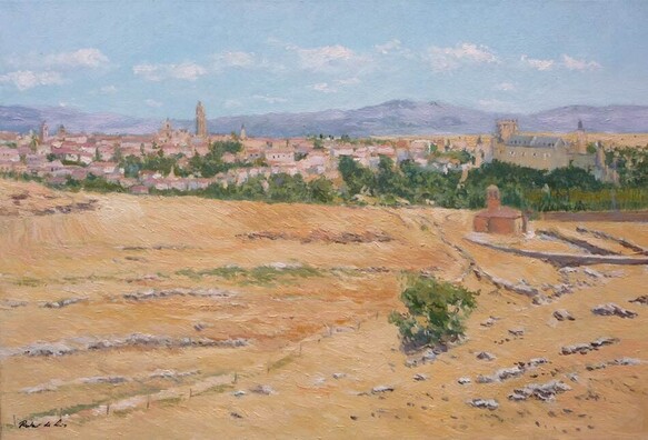 Un cuadro al oleo de un paisaje de Segovia desde las afueras pintado por Rubén de Luis