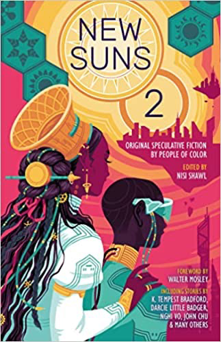 Two futuristic characters gaze at a sunrise over a future city 