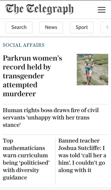 Screenshot of one section of today's Telegraph. 4 articles, all about trans "issues"
