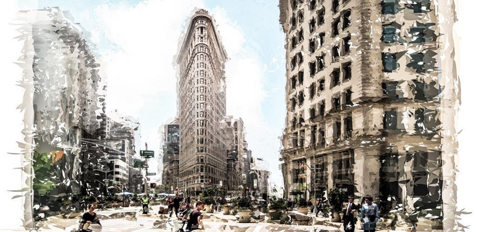 Foto des Flatiron. 23rd Straße N.Y. künstlerisches Foto .elegante hellbraun-stahlbläuliche Farben Zentralperspektive. Künstlerisch verfremdetes Foto Farbe-