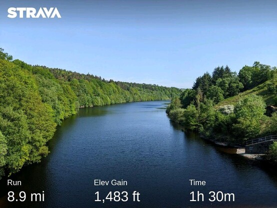 View of Brownhill Reservoir, Holme, West Yorkshire. Dense green trees surround the water. Clear blue sky. 

Stats at the bottom read:
Run: 8.9 mi, Elev Gain: 1,483 ft, Time: 1h 30m