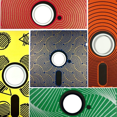 A composite of 5 different 5.25" floppy disks in red, orange, green, yellow, and blue each with a contrasting pen plot drawn on top of it including concentric shapes, Truchet tiles, and primitive shapes such as circles, triangles, and hexagons.